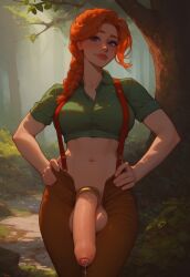 1futa ai_generated big_penis braided_ponytail breasts civitai cock_ring foreskin futa_only futanari futazealot leah_(stardew_valley) light-skinned_futanari light_skin orange_hair overalls penis penis_out ponytail precum purple_eyes solo stardew_valley uncut