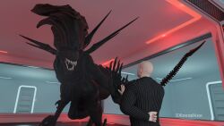 1boy 3d_(artwork) 3drendernoob aliens bald_man blender hand_on_glass large_breasts male suit xenomorph_queen