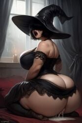 ai_generated black_dress black_hair black_lipstick candlelight chubby covered_eyes dark_atmosphere dress eyes_covered female_ejaculation female_masturbation goth hair_covering_eyes halloween halloween_costume huge_ass huge_breasts josie_(euclidbeing) masturbation moonlight nighttime on_bed orgasm original_character pussy_juice pussy_juice_drip pussy_juice_puddle raining short_hair thick_thighs witch witch_costume witch_hat