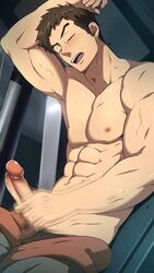 1boy bara blush brown_eyes brown_hair closed_eyes earrings erection gundam human male male_focus male_only masturbation mazjojo muscle nipples norba_shino partially_clothed pecs penis shirtless solo sweat uncensored