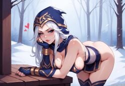 1female 1girls ai_generated arm_support ashe_(league_of_legends) balecxi bent_over big_breasts blue_eyes breasts female heart hood large_breasts league_of_legends leaning_forward looking_at_viewer outdoors outside riot_games skirt snow solo solo_female solo_focus watermark white_hair winter