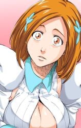 1girls big_breasts bleach bleach:_the_thousand-year_blood_war breasts cleavage_cutout human human_only inoue_orihime not_porn orange_eyes orange_hair sfw shocked_expression solo solo_female unknown_artist unknown_source