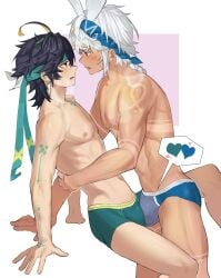 2boys abs bana_gameg blush breathing_heavily color embrace frottage frottage_through_clothing genderswap_(ftm) genshin_impact kinich_(genshin_impact) looking_at_another male/male mualani_(genshin_impact) muscles rule_63 underwear yaoi