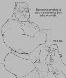 2boys ass big_ass big_butt big_penis body_hair boner dialogue dilf disney_channel drooling english_text erection gay gdilf glasses gravity_falls male male/male male_only mature_male monochrome muscular muscular_male older_male penis soos_ramirez stanley_pines text tylerstark veiny_penis