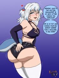 1girls armwear ass ass_focus big_ass big_butt blue_eyes booty_shorts bottom_heavy female gawr_gura hololive hololive_english hololive_myth klaxoboyo logo shark_girl slutty_outfit spanking teasing text text_bubble thick_ass thick_thighs thighhighs thighs virtual_youtuber vtuber watermark white_hair wiggle_lines wink