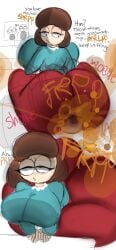 1boy 1girls big_ass big_breasts blue_shirt brown_hair canadian dialogue fart fart_cloud fart_fetish farting_in_face forced_to_sniffing liane_cartman makeup milf phillip_argyle red_leggings sniffing sniffing_ass sniffing_farts solo007_(artist) south_park torture tv