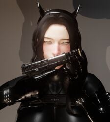 3d 3d_(artwork) black_bodysuit black_hair black_headwear black_horns blender blender_(software) blender_eevee bodysuit bullet cat_eyes choker cross_earrings cross_necklace earrings eyeliner eyes_rolling_back gun hair_bun harness headband high_heels holding_gun holding_object horns huge_breasts lady_x_(osimai) lip_piercing lip_ring long_boots long_gloves mole mole_above_mouth mole_under_eye necklace nose_piercing nose_ring original_character osimai pistol silver_choker skin_tight vampire_teeth wavy_hair weapon yellow_eyes