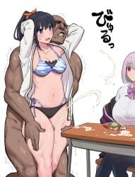 1boy 2girls absurdres arms_behind_head bikini black_hair black_pantyhose blank_stare blue_eyes bow bowtie breasts cardigan clothed_female_nude_male commentary_request cum cum_on_body cum_on_desk cum_on_food cum_on_hair desk ejaculation facial gridman_universe highleg highleg_bikini highres jacket large_breasts long_hair long_sleeves medium_breasts multiple_girls navel nim_r18 nude off_shoulder official_alternate_costume official_alternate_hairstyle open_cardigan open_clothes orange_scrunchie pantyhose penis ponytail purple_bow purple_bowtie purple_hair purple_jacket red_eyes school_desk school_uniform scrunchie shinjou_akane shirt short_hair side-tie_bikini_bottom ssss.gridman straight sweat swimsuit takarada_rikka thigh_grab thigh_sex white_background white_cardigan white_shirt