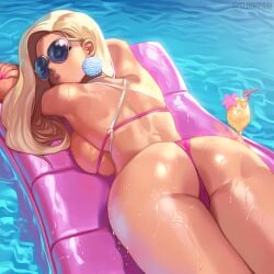 ai_generated barbara_millicent_roberts barbie barbie_(franchise) bikini bimbo blonde_hair blue_eyes digital_art drink fanart floating floating_chair from_behind huge_ass inflatable_chair lying pink pool rear_view relaxing sloppaai sunglasses tinted_eyewear