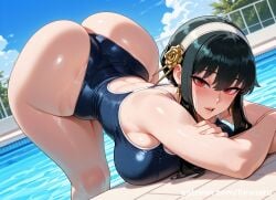 ai_generated big_breasts black_hair breasts competition_swimsuit female huge_breasts long_hair mature mature_female one-piece_swimsuit patreon_url patreon_username pool revoaru school_swimsuit sky solo spy_x_family swimsuit thick_thighs thighs thong_one-piece_swimsuit watermark web_address yor_briar yor_forger
