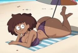 1girls ai_generated amphibia anne_boonchuy ass beach big_ass big_breasts breasts civitai day disney disney_channel huge_ass huge_breasts looking_at_viewer lying purple_bra purple_panties smiling solo towel umbrella