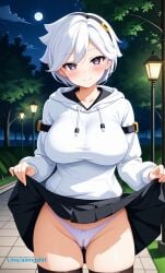 ai_generated ass_visible_through_thighs big_breasts big_thighs blush brawl_stars cameltoe colette_(brawl_stars) hoodie looking_at_viewer night park skirt skirt_lift small_panties smile standing stockings tagme tight_clothing tight_panties wqxl