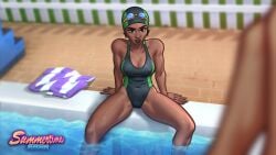 1080p 1girls 2d 2d_(artwork) athletic athletic_female breasts cleavage dark-skinned_female dark_skin darkcookie detailed_background digital_drawing_(artwork) digital_media_(artwork) female female_focus female_only fit fit_female hi_res highres medium_breasts one-piece_swimsuit open_legs pinup poolside rhonda_(summertime_saga) sitting summertime_saga swim_cap swimsuit swimwear teenage_girl teenager thick_thighs wallpaper