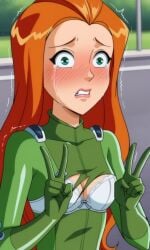 ai_generated ass bigmic145 bodysuit bra breasts exposed_breasts female medium_breasts orange_hair ripped_clothing sam_(totally_spies) solo_female totally_spies wardrobe_malfunction