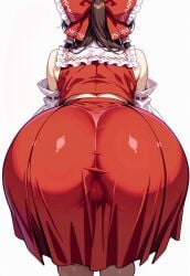 ai_generated ass ass_focus asstronomical back_view bent_over brown_hair detached_sleeves female highres large_ass looking_away outline red_clothing reimu_hakurei ribbon round_ass simple_background skirt solo tagme touhou white_background