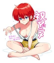 bare_arms bare_legs bare_shoulders bare_thighs barefoot big_breasts blue_eyes blush body_blush braid breasts chimachi cleavage dolphin_shorts feet hand_on_own_leg no_bra ranma-chan ranma_1/2 red_hair shiny_skin shirt sitting strap_slip thighs toes wet_body wet_hair white_shirt