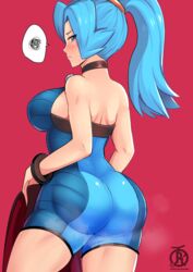 1girls absurd_res angry aqua_hair ass back backside bare_shoulders big_ass big_breasts blue_eyes blue_hair breasts clair_(pokemon) color female female_only gym_leader hi_res leotard lips lipstick long_hair looking_at_viewer looking_back looking_back_at_viewer naughty_face nintendo pink_lips pink_lipstick pokemon pokemon_gsc pokemon_hgss ponytail revolverwingstudios seductive sideboob solo steam text thick_thighs thigh_gap toned_female watermark wide_hips