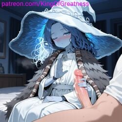 ai_generated blue_body blue_eyes blue_hair blue_skin blush cum cumming elden_ring female fromsoftware handjob holding_penis king_of_greatness male penis ranni_the_witch steam sweat