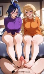 1male 2girls ai_assisted ai_generated blushed bottomless breasts clorinde_(genshin_impact) double_footjob feet footjob genshin_impact hoyoverse huge_breasts lay-oreo looking_at_viewer navia_(genshin_impact) penis pleasure_face pussy seductive seductive_smile shy soles spreading spreading_pussy sweater tagme thick_penis thick_thighs thighs