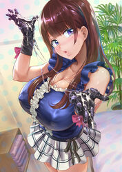 1girls 2t 2t_(tanakatakuto) bangs bed bed_sheet black_gloves blue_shirt blunt_bangs blush boob_window bow breasts brown_hair busty center_frills checkered_skirt cleavage clothed_female clothing cum cum_on_gloves cum_on_hands cum_string day detailed_background erect_nipples erect_nipples_under_clothes excessive_lub exposed_shoulders eyebrows_visible_through_hair female floor frilled_skirt gloves hair_over_breasts head_tilt highres huge_breasts indoors latex latex_gloves lips long_breasts long_hair looking_at_viewer lotion lube lube_on_hand miniskirt mole mole_under_mouth nightstand no_bra original pink_bow plaid_skirt plant polka_dot polka_dot_background potted_plant purple_eyes ribbon shiny shiny_hair short_skirt skirt sleeveless solo sweat towel wall white_skirt