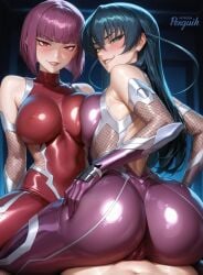 ai_generated ass ass black_hair bodysuit breast_press bubble_butt cameltoe clothed from_behind green_eyes hard_nipples igawa_asagi light-skinned_female looking_at_viewer nipple_bulge oboro_(taimanin_asagi) patreon_username penguih pink_hair pressing_breasts_together pussy_visible_through_clothes red_eyes sitting_on_person smirk smirking_at_viewer taimanin_(series) yuri