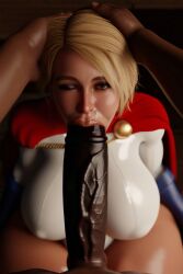 3d absoluteai ai_generated alien alien_girl bbc big_black_cock bimbo blacked blonde_hair blowjob corruption dc_comics fellatio huge_breasts huge_cock interracial jackerman leotard power_girl superheroine wink