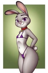 ai_generated anthro cameltoe collar flat_chested furry grey_fur halfaslime hands_behind_back judy_hopps looking_at_viewer navel smile standing tail violet_bikini violet_eyes white_fur zootopia