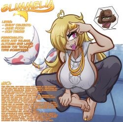 armpits barefoot blonde_hair breasts character_sheet chibi colored_toenails feet feet_together female fish_girl fish_tail glimmelia_(pholycarpie) hair_over_one_eye huge_breasts information_sheet jewelry knees_apart_feet_together pholycarpie piercing sara_(pholycarpie) sharp_teeth sitting tail toenail_polish