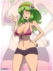 1girls ass_visible_through_thighs bikini_top bikini_top_only blue_eyes breasts brianne_de_chateau dragon_ball dragon_ball_super dragon_ball_z female green_hair layerth medium_hair no_eyewear one_eye_closed shorts solo vagina white_skin wink winking