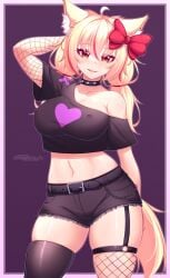 blonde_hair breasts cat_ears catgirl choker crop_top female fishnets jorts nipple_bulge no_bra orange_eyes red_highlights royzaff9o7o shorts spiked_choker tagme tail thighhighs thighs tiffy