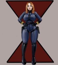 1girls black_widow_(marvel) blue_clothing boots cameltoe eyeshadow female female_only fully_clothed gloves gun_holster hands_on_hips irondoomer knee_boots latex latex_clothing lipstick looking_at_viewer makeup marvel marvel_comics png shiny_clothes solo standing superheroine tight_clothing