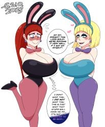 2girls alex_(superweirdman) artist_name artist_signature bangs big_ass big_breasts blonde_hair blue_eyes blue_lipstick blush bowtie breasts bunny_ears bunny_girl bunny_tail bunnysuit busty cleavage corset earrings eyeshadow gender_transformation genderswap_(mtf) leanne_(superweirdman) lipstick long_hair looking_down original original_character pantyhose pink_eyes post_transformation red_hair short_hair super_weird_one superweirdman text text_bubble thick_thighs thighs thought_bubble white_background wide_hips