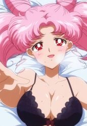 1girls ai_generated alluring big_breasts bishoujo_senshi_sailor_moon bra chibi_usa cleavage lingerie magenta_eyes on_bed pin_up pink_hair sepia_tone_(artist) underwear