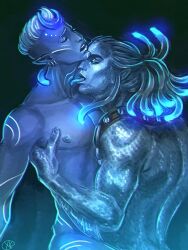 aumaua aumaua_godlike bioluminescence blue_scales blue_skin glowing_hair glowing_markings implied_sex licking licking_neck marine_godlike maxkennedy moon_godlike no_visible_genitalia pillars_of_eternity pillars_of_eternity_2 tekēhu tentacle_hair the_watcher_(pillars_of_eternity)