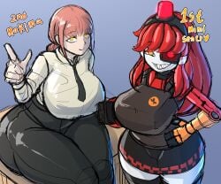 2girls ass ass_bigger_than_head babyhunt4 big_ass big_breasts big_butt blue_background breasts breasts_bigger_than_head bubble_butt chainsaw_man clothing crossover curvaceous curvy curvy_figure dat_ass english_text female female_only fully_clothed glowing_eyes hand_on_hip huge_ass huge_breasts long_hair looking_at_viewer makima_(chainsaw_man) mimi_sentry office_lady poll_winner red_hair ringed_eyes robot robot_girl sharp_teeth tagme team_fortress_2 text thick_thighs voluptuous voluptuous_female wide_hips yellow_eyes