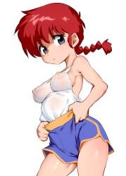 armpits bare_arms bare_legs bare_shoulders bare_thighs black_eyes body_blush braid breasts cameltoe camisole dolphin_shorts funnyari medium_breasts nipples_visible_through_clothing no_bra parted_lips ranma-chan ranma_1/2 red_hair see-through_clothing shiny_skin sideboob thighs underwear