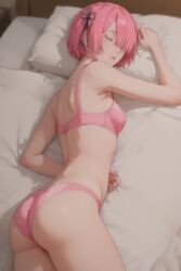 1girl 1girls ai_generated ass bed closed_eyes female female_focus female_only on_bed pink_bra pink_hair pink_panties ram_(re:zero) re:zero_kara_hajimeru_isekai_seikatsu short_hair sleeping zelanell