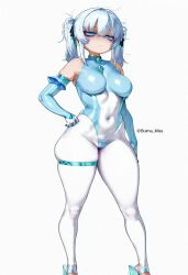ai_generated blue_eyes bodysuit commission dungeons_and_dragons eye_bags eyeshadow high_heels hitomi_twins latex leotard lily_buns mage oblivion oc original shiny shiny_clothes short_girl shortstack sideboob skin_tight skyrim the_elder_scrolls thick_ass thick_legs thick_thighs thigh_strap thong thong_leotard tight_clothes tight_clothing white_hair
