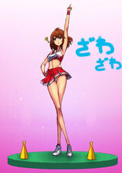 ? arm_up armpits blue_eyes breasts brown_hair cheerleader chikuwa_udon crop_top female female full_body gradient gradient_background hand_on_hip index_finger_raised miniskirt navel no_panties open_mouth pink_background pleated_skirt pointing pointing_up pussy shirt shoes short_hair skirt sleeveless sleeveless_shirt sneakers solo standing sweatband uncensored yasumi-chan yasumi_(yasumi-chan)