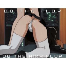 1girls agent_aika animated ass ass_focus black_delmo black_dress brown_hair heels knocked_out meme meme_caption panties text thighhighs third-party_edit unconscious