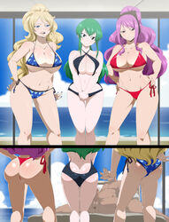 1boy 3girls abs ass beach big_ass bikini blonde_hair blue_eyes blue_nails breasts brown_eyes butt_crack cleavage curvy dimples_of_venus earmuffs fairy_tail green_eyes green_hair hi_res highres hisui_e._fiore jenny_realight large_ass large_breasts laying lexus_(artist) long_hair meredy_(fairy_tail) multiple_girls nail_polish penis pink_hair sea smile source_request testicles thick_thighs thigh_gap thighs thong together wide_hips