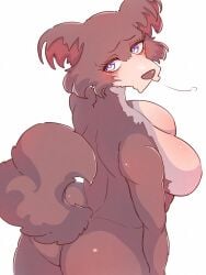 anthro ass beastars big_breasts big_butt blue_eyes blush breasts brown_body brown_fur canid canine canis eyelashes female fluffy fluffy_ears fluffy_tail fur glistening glistening_body hi_res juno_(beastars) looking_back mammal nude shoulder_blades simesaba_poteto snout solo tail tan_body tan_fur white_sclera wolf