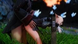 bent_over blonde_hair captured captured_heroine catgirl final_fantasy final_fantasy_xiv from_behind from_behind_position garlean heroine_in_trouble mascara mascara_tears miqo'te pillory rape raped raped_by_enemy stockade tears