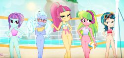 5girls accurate_art_style blue_hair bottomless bottomless_female breasts casual crystal_prep_shadowbolts equestria_girls female female_only freckles friendship_is_magic green_hair hasbro hi_res highres human indigo_zap invisibleink lemon_zest long_hair medium_hair multiple_girls my_little_pony nudist pale_skin pink_eyes ponytail purple_hair pussy shadowbolts_(mlp) shaved_pussy short_hair small_breasts sour_sweet_(eg) sugarcoat sugarcoat_(mlp) sunglasses_on_head sunny_flare sunny_flare_(eg) twintails vagina volleyball_(ball) vulva white_hair wristwear yellow_eyes