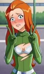 ai_generated ass bigmic145 bodysuit bra breasts exposed_breasts female medium_breasts orange_hair ripped_clothing sam_(totally_spies) solo_female totally_spies wardrobe_malfunction