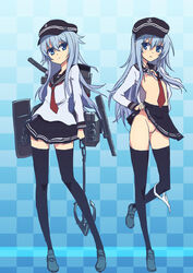 anchor aqua_eyes black_legwear blush breasts cannon checkered checkered_background chikuwa_udon dual_persona female female flat_cap full_body grey_hair hat hibiki_(kantai_collection) kantai_collection leg_up lifted_by_self long_hair long_sleeves looking_to_the_side machinery necktie nipples no_bra open_clothes panties panties_around_leg personification pleated_skirt pussy school_uniform serafuku shirt shirt_lift shoes skirt skirt_lift small_breasts standing standing_on_one_leg thighhighs torpedo turret uncensored