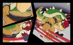 2boys anthro anthro_on_anthro bear bodily_fluids bowser clothed clothing duo facesitting fighting_ring fur furry furry_male furry_only gay green_body hair hi_res koopa male male/male mammal mario_(series) multicolored_body musk nintendo orange_body pink_body pink_fur red_hair reptile scalie sitting_on_another sweat underwear underwear_only ziuki