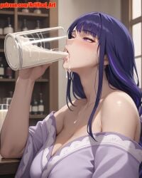 1girls ai_generated artifical_art blush braid braided_hair braided_ponytail cum dripping dripping_cum dripping_semen genshin_impact hair_ornament large_breasts light-skinned_female light_skin long_hair open_mouth perfect_body purple_eyes purple_hair raiden_ei raiden_shogun semen semen_in_mouth solo very_long_hair voluptuous_female