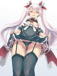 1girls azur_lane bangs bee_(deadflow) bikini black_bikini black_dress black_legwear blush cameltoe cum cum_on_body cum_on_clothes cum_on_lower_body cum_on_panties dress dutch_angle eyebrows_visible_through_hair fangs female female_only from_below front-tie_bikini front-tie_top garter_straps grey_background hair_between_eyes highres lace lace-trimmed_panties legs_together lifted_by_self light-skinned_female light_skin long_hair looking_at_viewer panties red_eyes royal_navy_(azur_lane) silver_hair simple_background smile solo standing swimsuit thigh_gap thighhighs tongue tongue_out tsurime twintails underwear upskirt vampire_(azur_lane) very_long_hair wings