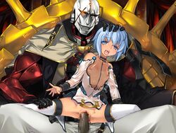 1boy alice_soft armor blood blue_eyes blue_hair breasts cape censored dai_(series) daiteikoku dark_skin empty_eyes evil_smile female head_grab mckinley_(daiteikoku) nipples princess_(daiteikoku) rape screaming see-through size_difference small_breasts tears thighhighs vaginal_blood vaginal_penetration virgin virginal_blood